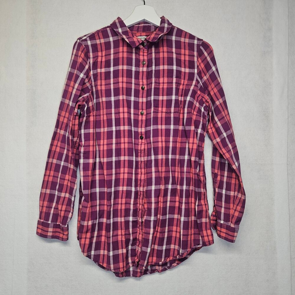L.L. Bean Pink Plaid Long Sleeve Button Up Shirt Women's Medium - Hidden Buttons